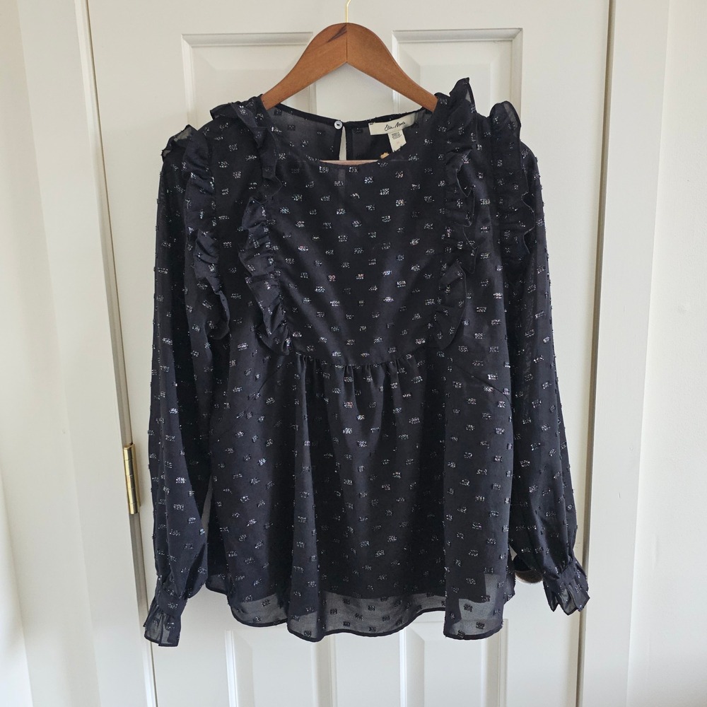 Ella Moon Black Metallic Silver Clip Dot Ruffle Blouse Long Sleeve Top Womens M